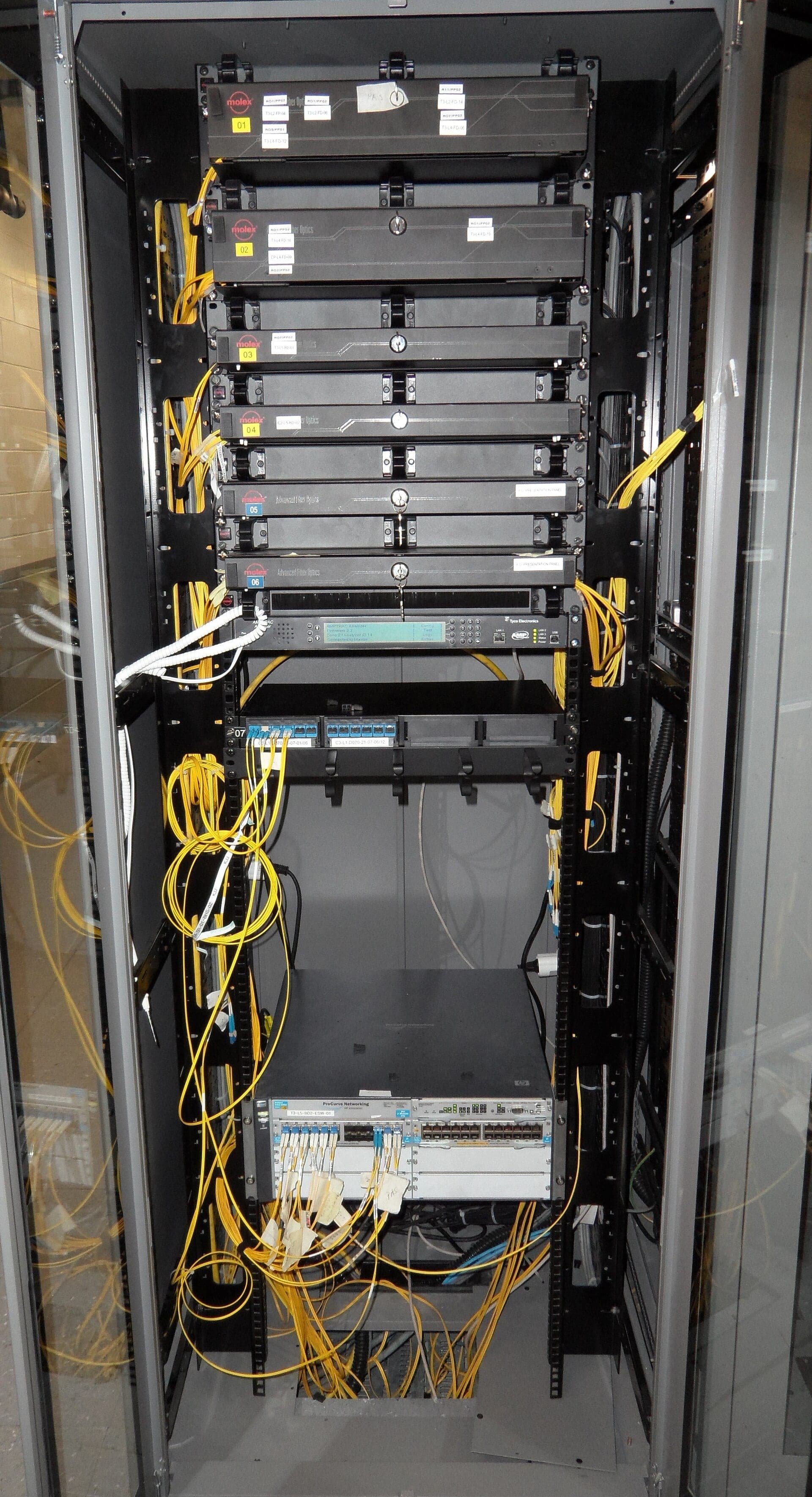 Structured cabling and network equipment inside a server rack