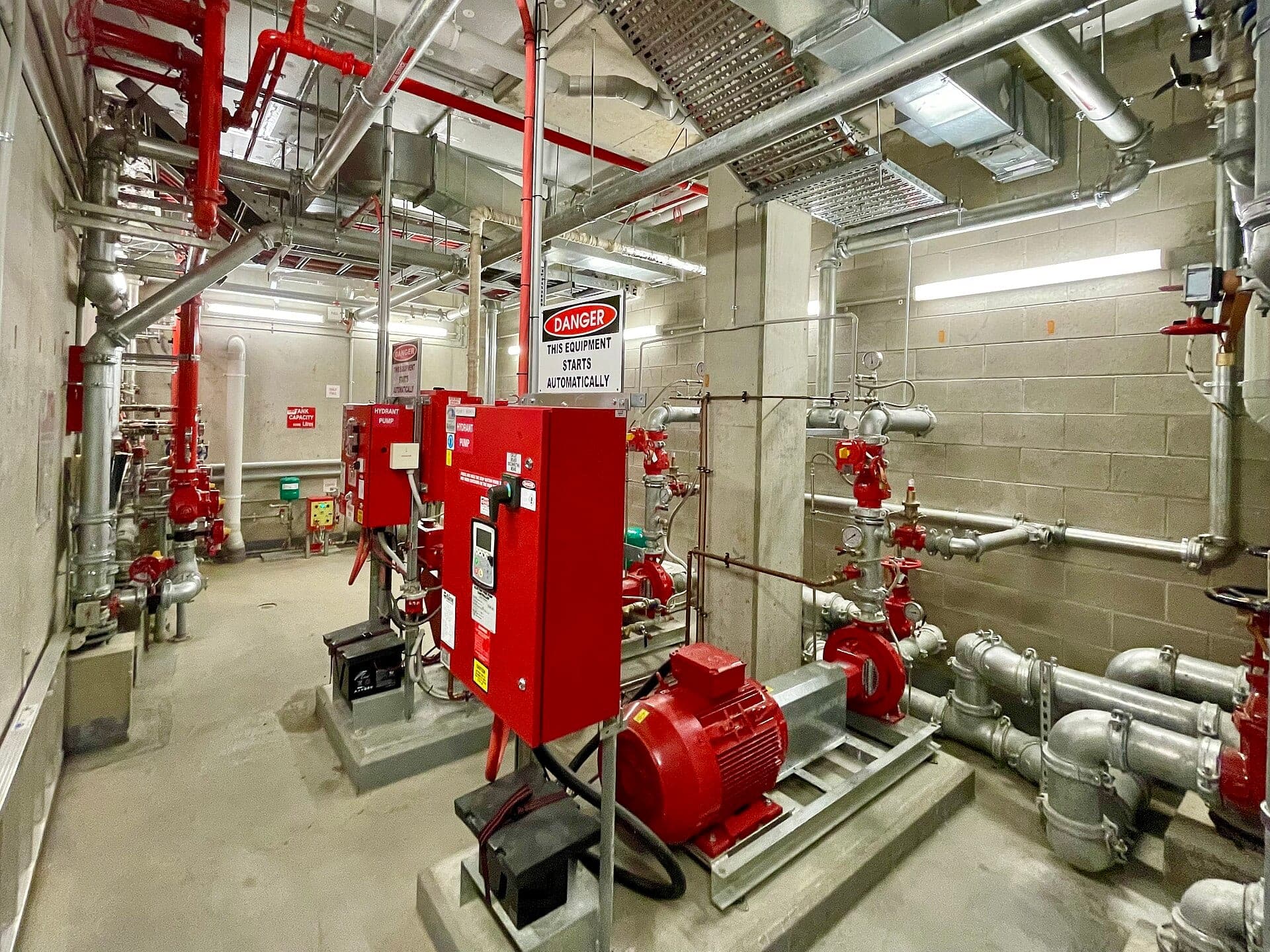 Fire pump room with fire-fighting pumps and piping